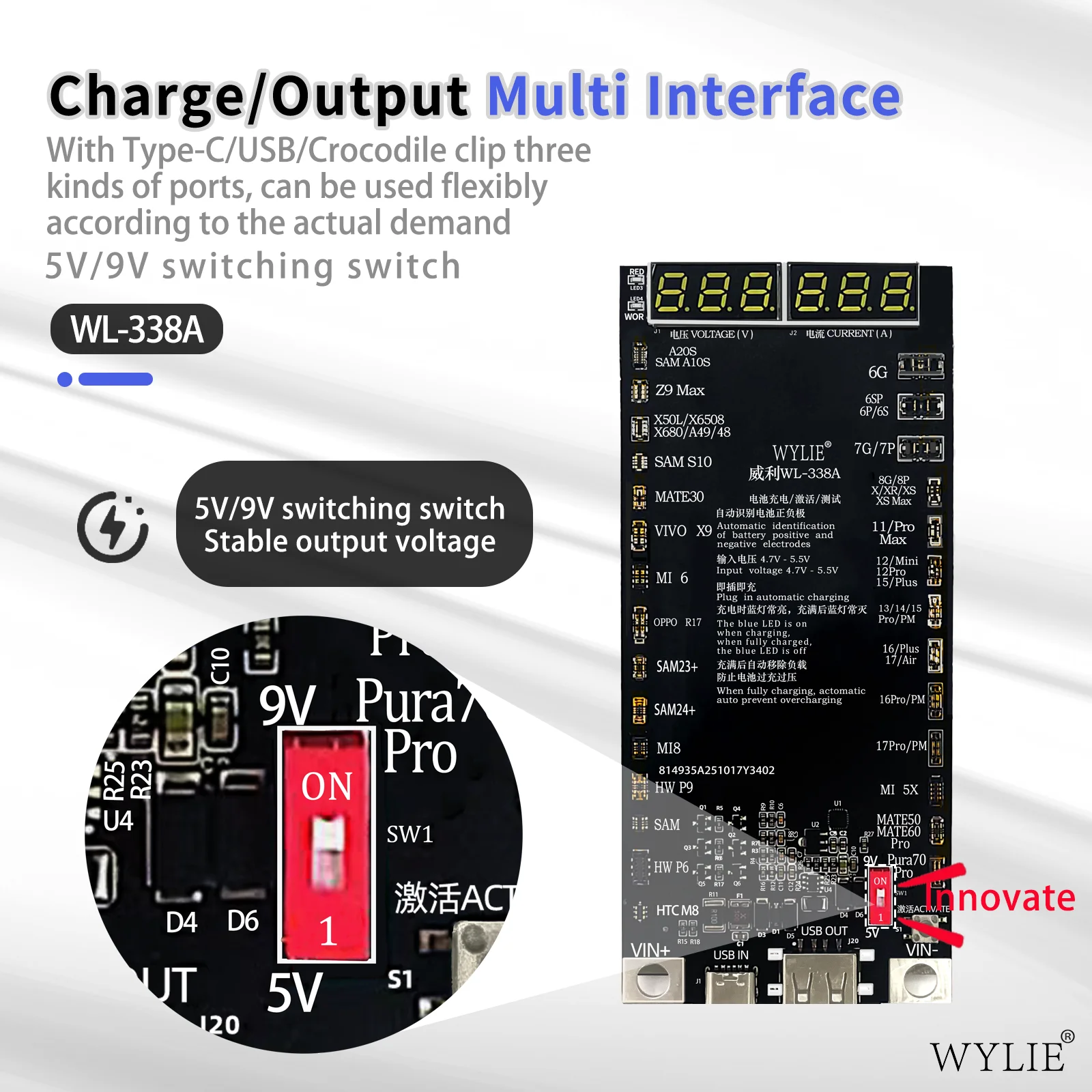 Wylie WL-338A Smartphone With Built-in Battery Activation Board 5V/9V For iPhone 6-17PM Android Phone Battery Charging Board