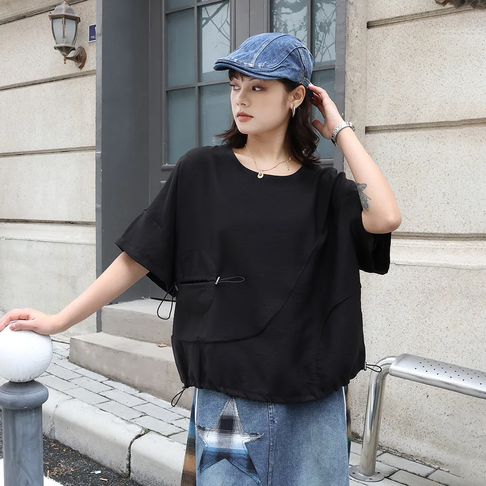 

Summer Oversize Black Drawstring Big Size Casual Women T-shirt New Round Neck Short Sleeve Fashion Tide Ladies Shirt Tops