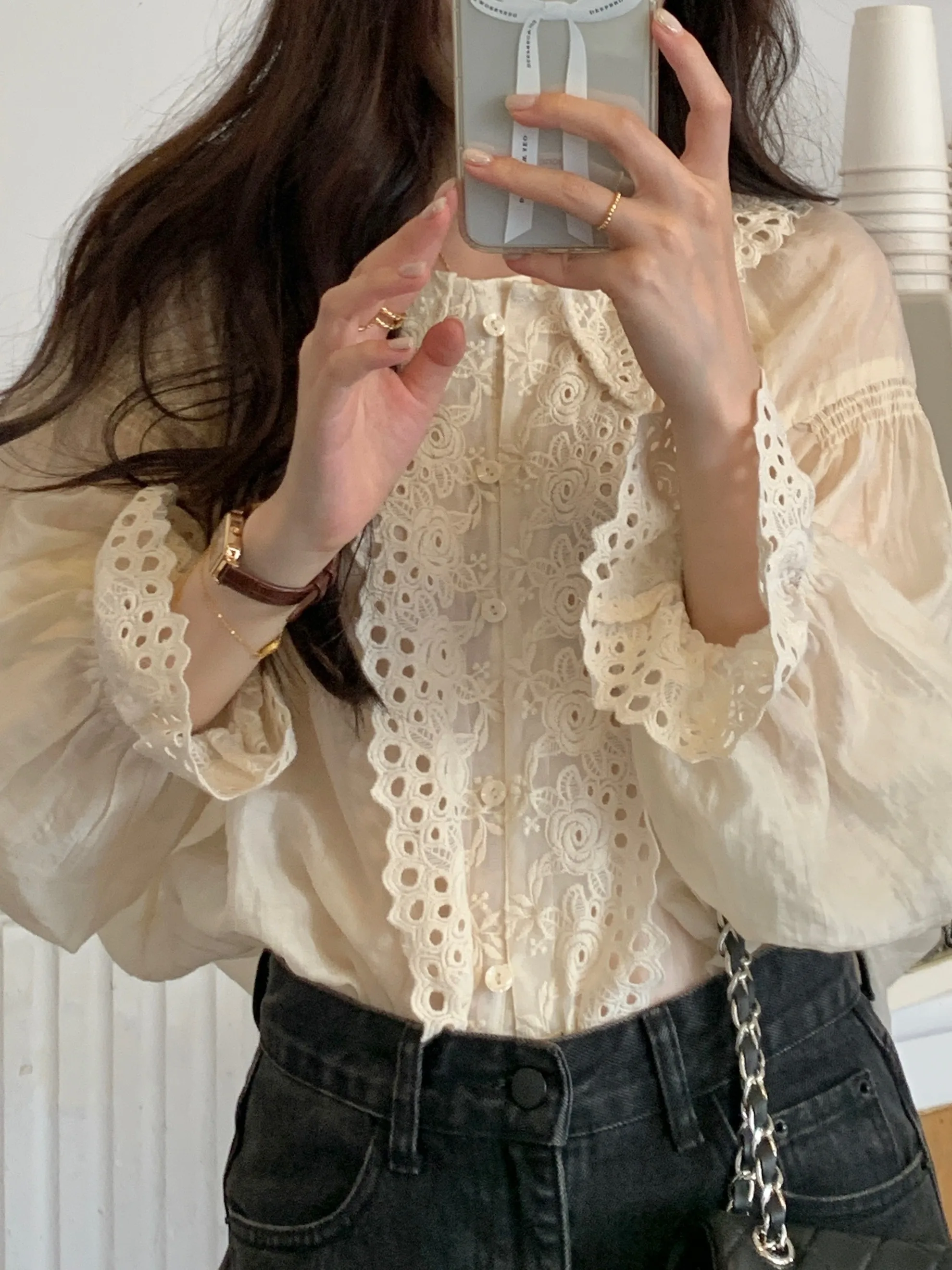 Sweet And Spicy Fairy Lace Embroidery Patchwork Women's Spring Summer Slimming Hollow out irt Korean Sle Loose Fit Blouse