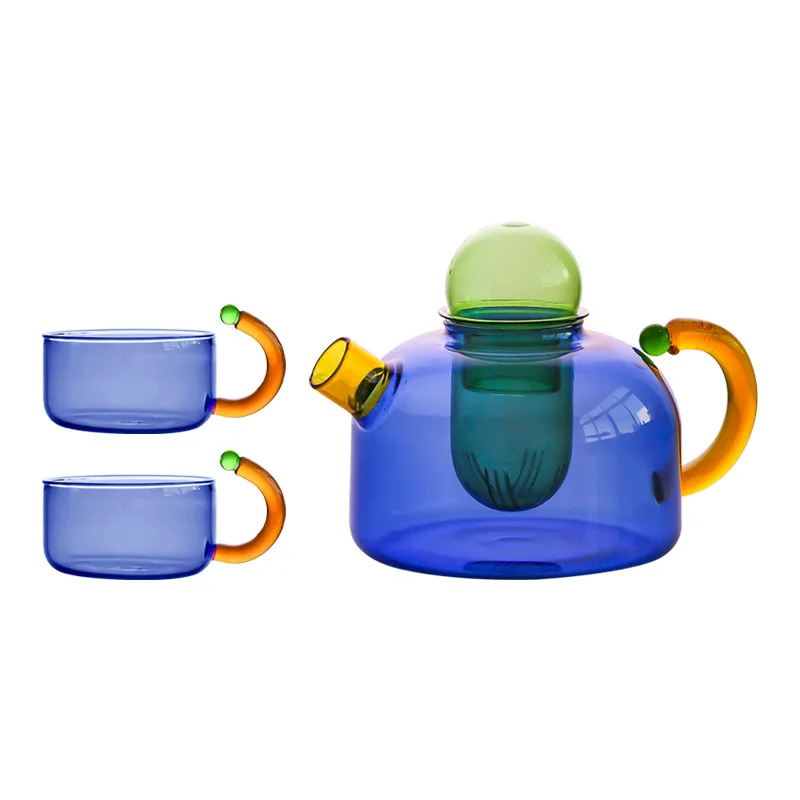 Tetera creativa de 400ml con Infusor de té y juegos de tazas de té de 280ml, Vidrio colorido resistente al calor