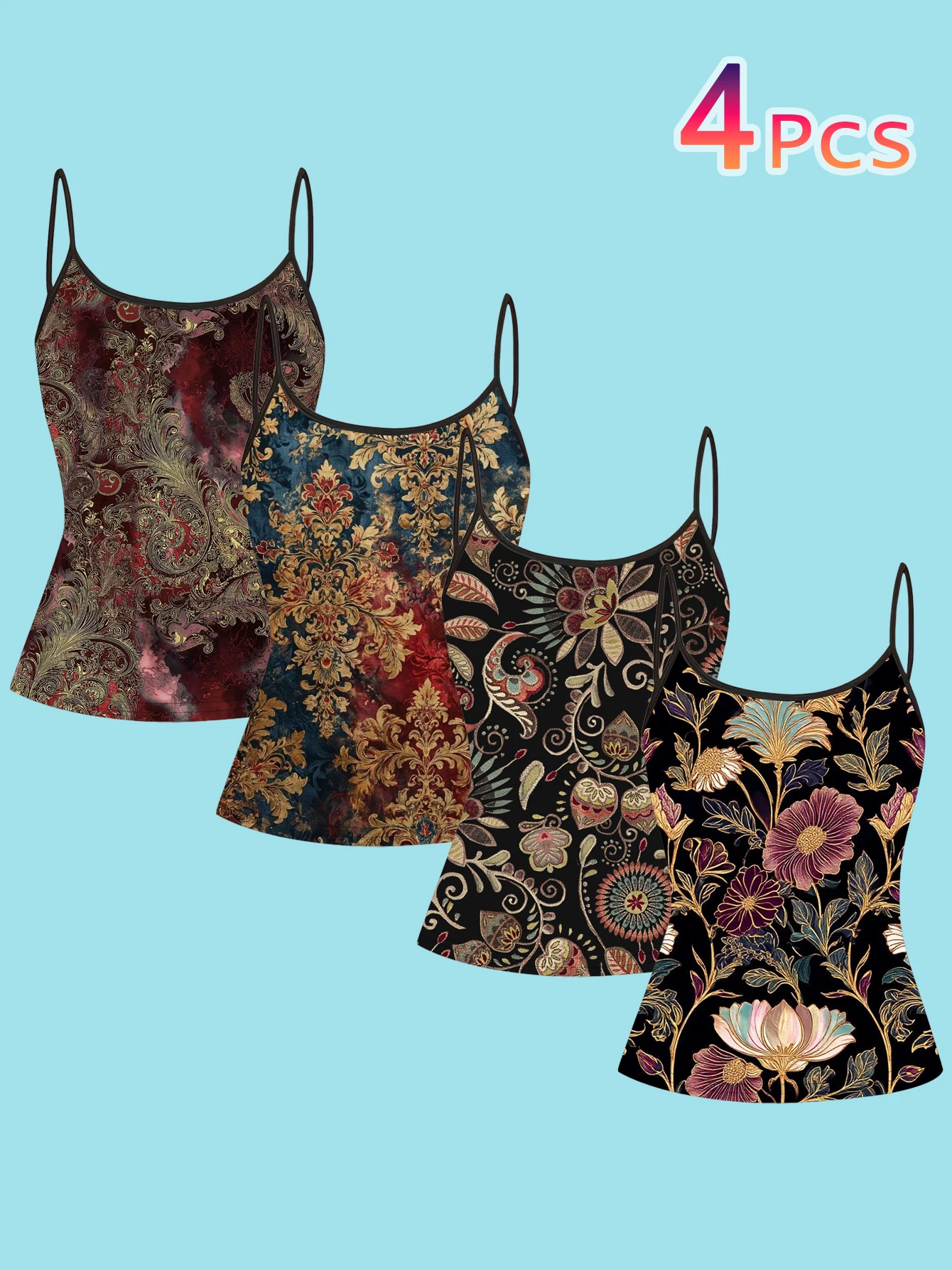 4 PCS Women's Spaghetti - Strap Camisoles, Mixed Color Floral Paisley Print, Polyester Material, Multiple Sizes Available, Fashi