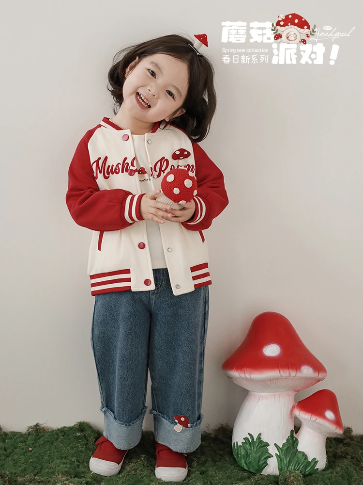 Spring Girls Mushroom Forest Casual Contrast Baseball Children Printing Sweatshirt