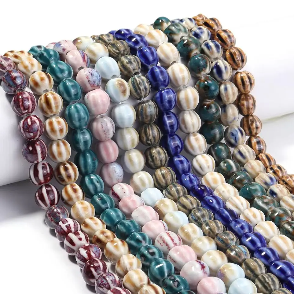 

28pcs/lot 11.5mm Colorful Pumpkin Stripe Ceramics Beads Round Loose Spacer Beads For Jewelry Making DIY Bracelet Accessories