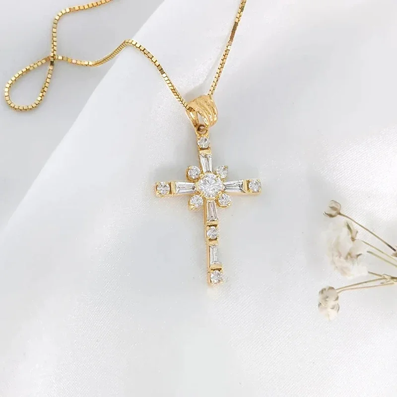 Huitan Fashion Cross Design Women Pendant Necklace Gold Color Inlaid Bright CZ for Party Daily Versatile Accessories Jewelry