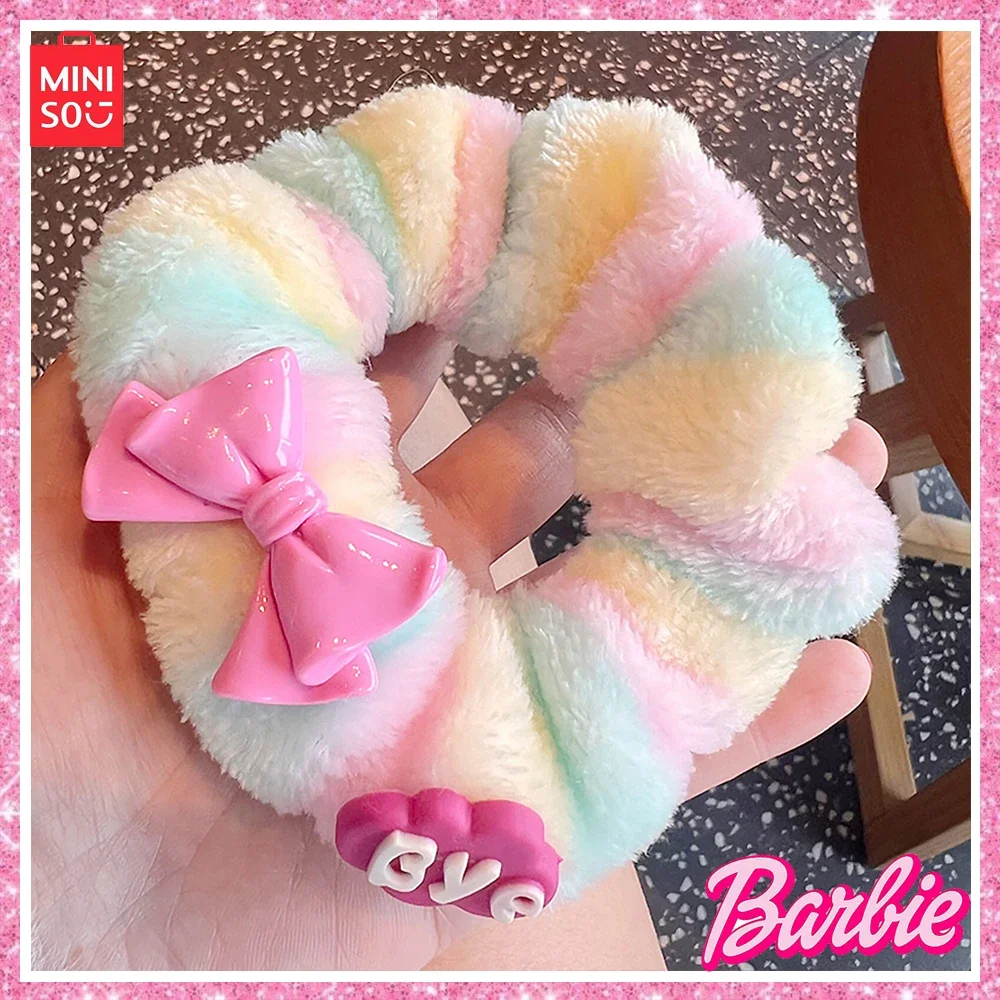 2024 New Miniso Barbie Korean Fantasy Plush Hair Ring Sweet Girl Soft Glutinous Plush Hair Rope Tie Headwear Birthday Gift