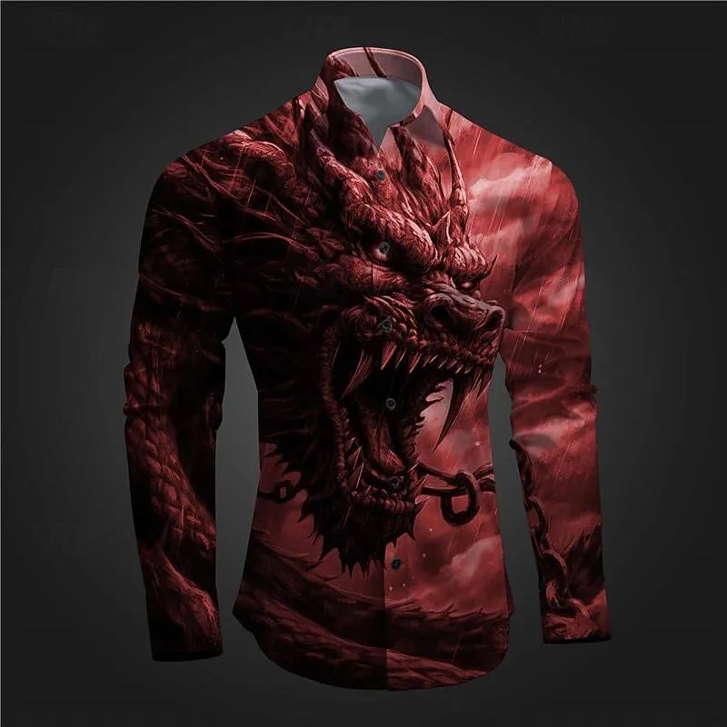 Vintage Men's Dragon Graphic Long Sleeve Shirts Cool Creative Lapel Button Casual Clothes Autumn Breathable Quick Drying Clothes