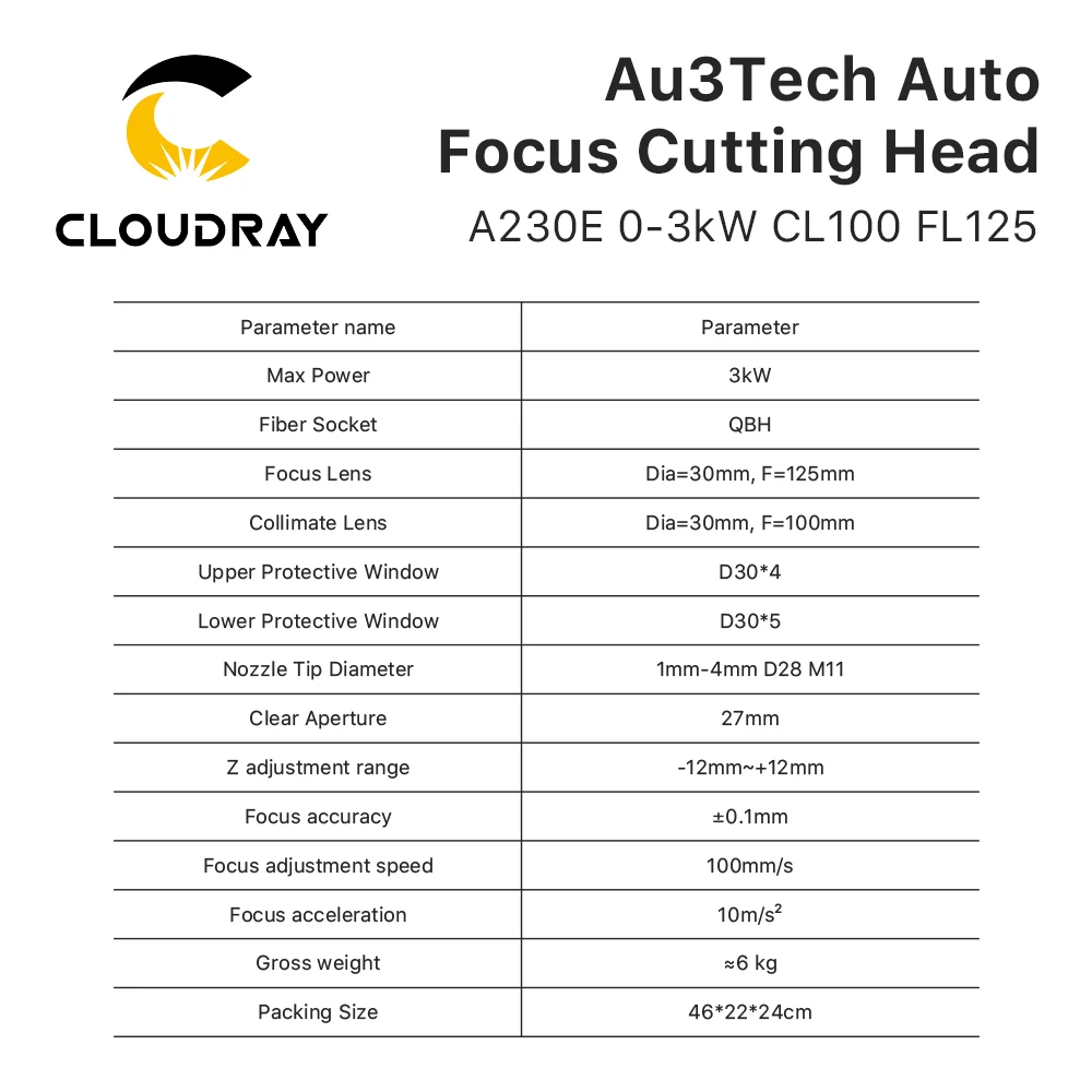 Imagem -05 - Cabeça de Alta Velocidade 03kw A230e Cl100 Fl125 do Laser do Corte do Metal do Foco Automático de Cloudray Au3tech para a Máquina de Corte