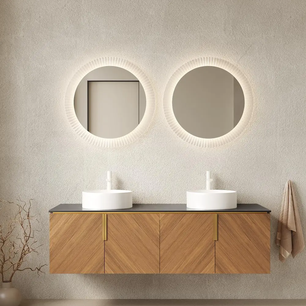 Bathroom Vanity 60 Inch Wall Mounted 2 Ceramic Sinks Oak Cabinet, Customized