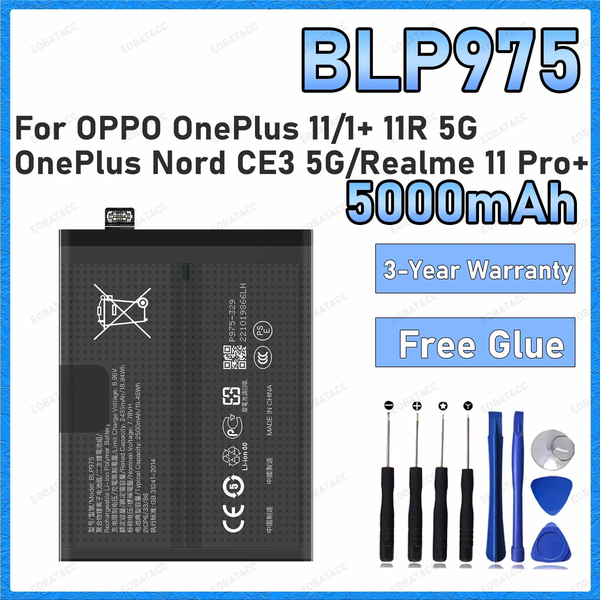 100% New High Quality 5000mAh BLP975 Battery For OPPO OnePlus 11/1+ 11R 5G/OnePlus Nord CE3 5G Batteries+Free Tools