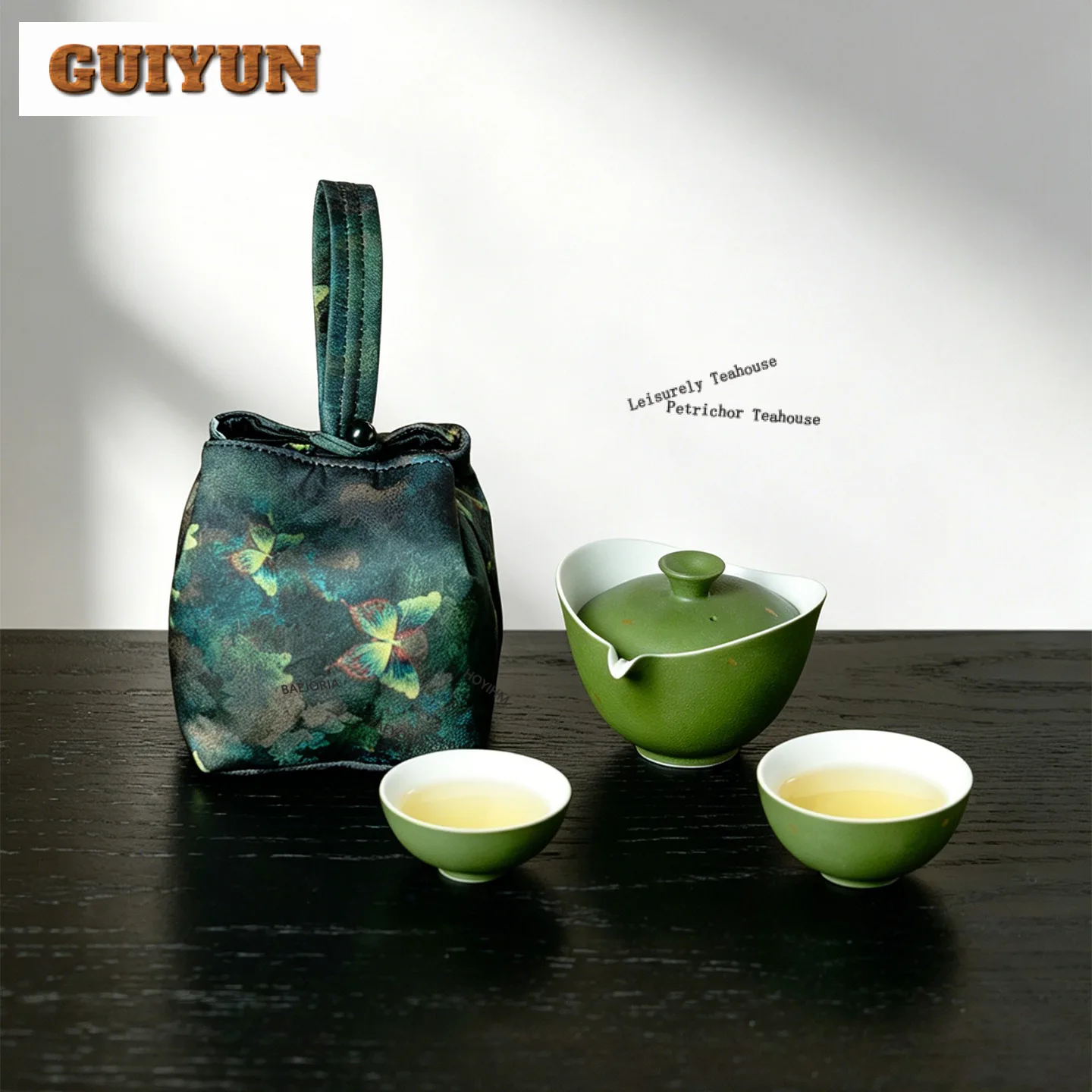 Citrus Green Travel Tea Set Kit Ancient 1 Pot 3 Cups Tea Brewing Organizer Portable Camping Tote Bag Tea Items Accessories Craft