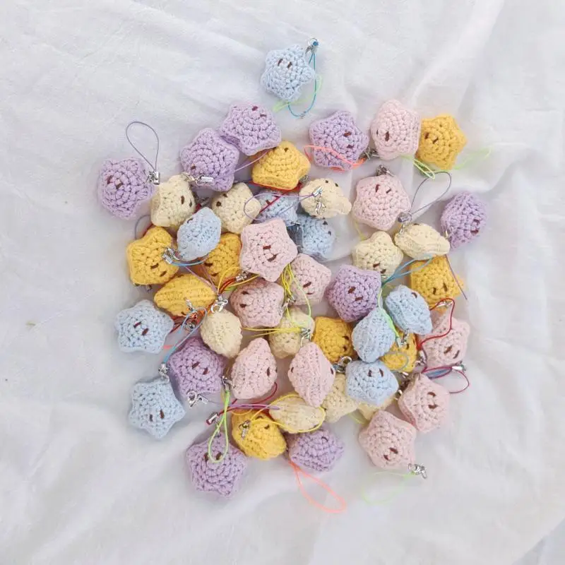 ●Cute Handmade Crochet Star Keychains Pastel Colors Lovely Face For Bag Phone Decor Kids Gifts