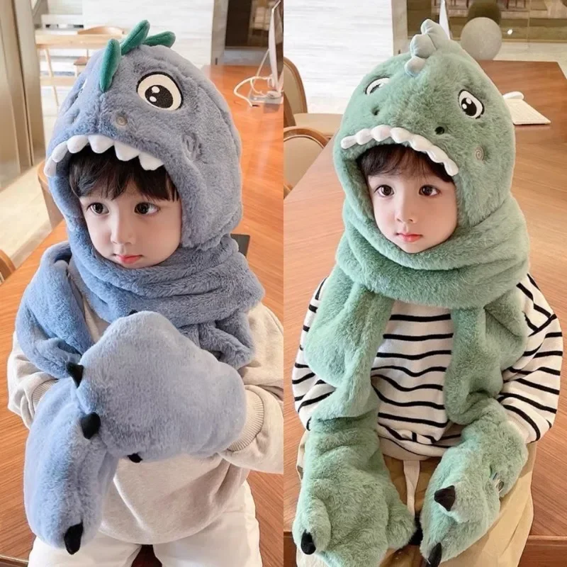 New Children\'s Cartoon Dinosaur Hat Winter Padded and Thickened Warm Plush Scarf Hat Gloves Scarf Warm Three-piece Set