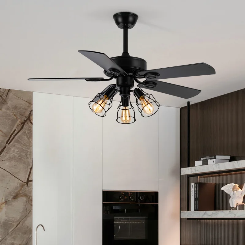 Imagem -06 - Black Retro Wooden Blades Teto Fan Light American Estilo Iron Silent Simple Fan Lamp Led Chandelier For Dining Room And Bedroom