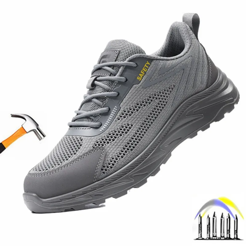Sapatos de segurança em malha respirável com biqueira de aço, resistentes a perfurações, botas de trabalho protetoras e confortáveis para uso industrial._voghion.com