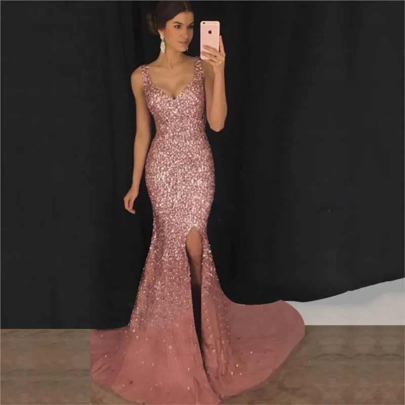 

New style deep zipper halter fitted sequined long dress