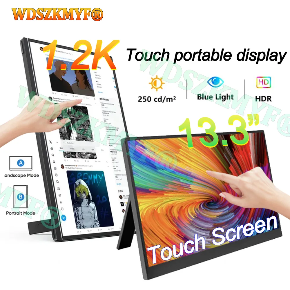 

13.3" Portable Touch Screen Monitor Touch screen 1.2K HDR Low Blue Light For XBox PS4 / 5 Switch Cell Phone PC Loptop Extension