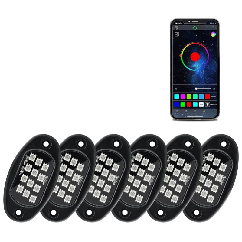 

LED Rock Lights 6pcs Multicolor LED Lights Brightness Adjustment Waterproof With APP BT Sync With Music Function For SUV ATV UTV