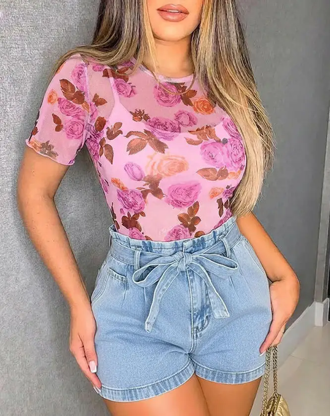 

Women's T-Shirt Summer New Fashionable Flower Printed Round Neck Perspective Mesh Tight Fit Versatile Short Sleeve T-Shirt