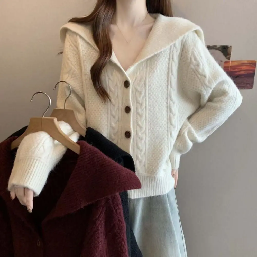 

Flip Collar Grid Crochet Sweater Autumn Spring Loose Fried Dough Twists Cardigan Preppy Style Ladies Tops Cardigans Women Y2K