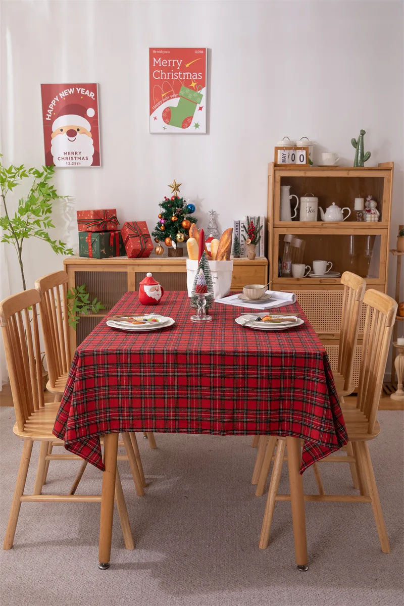 Weihnachtsdekoration, runde Tischdecke, karierte Tischdecke für Neujahr, Familientreffen, Restaurant, Party, Abendessen, Heimdekoration – Detail 25