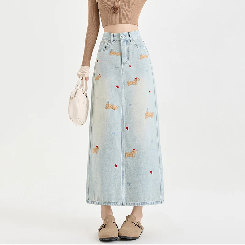 Y2k Style Denim Skirts Women High Waist Summer Washed Dog Embroidery Long Jeans Skirt Ladies Skirts Jupe Femme