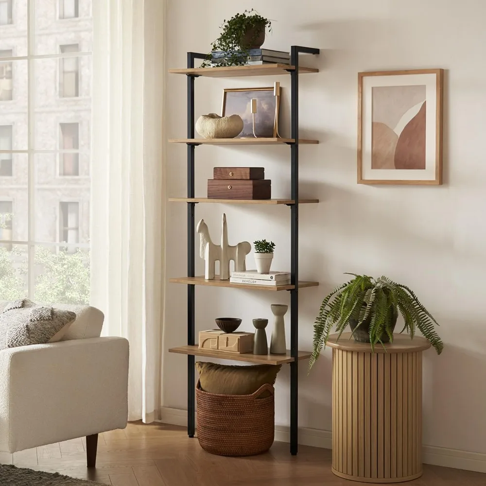 

Norwin Ladder Book Shelf, Wall Bookshelf, Farmhouse Industrial Bookcase, Narrow Slim Organizer Display Shelves, Living Room, Be