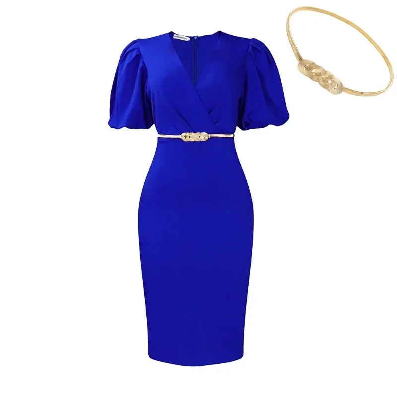 Африканские платья из полиэстера для женщин 2024, облегающее африканское платье Dashiki, элегантное платье длиной до колена с короткими рукавами и v-образным вырезом с поясом