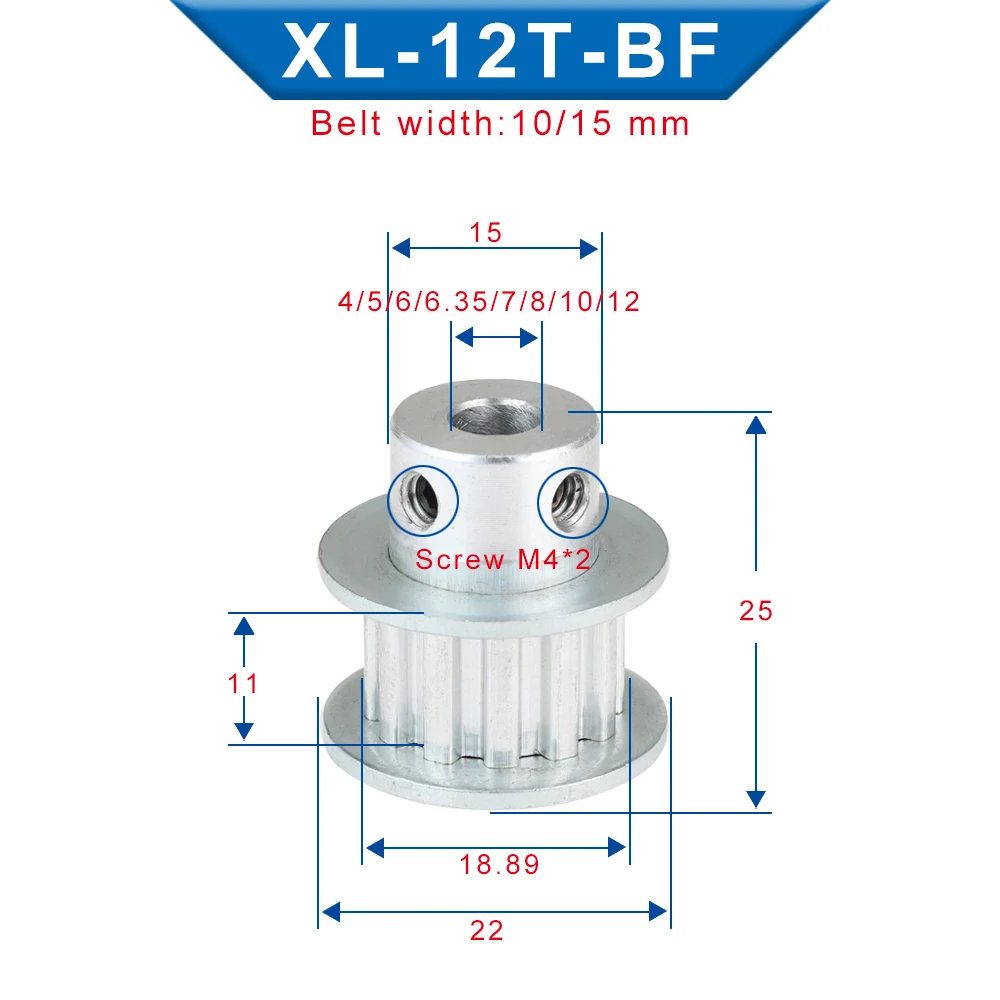 XL 12T Timing Pulley Bore4/5/6/6.35/7/8 mm Teeth Pitch 5.08 mm Aluminum Pulley Wheel Teeth Width 11 mm For 10 mm XL Timing Belt