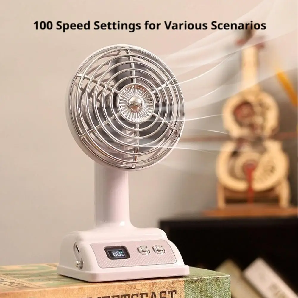100 Speed Desktop Fan Retro USB Rechargeable Mini Table Fan Digital Display Type C 1200mAh Battery for Office Home Study