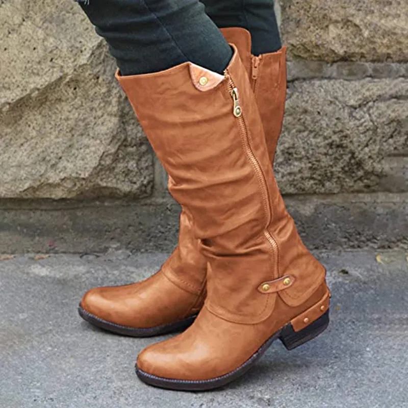 Botas Mujer 2022 Women\'s Boots Winter PU Leather Knee High Boots Women Snow Boots High Heels Zipper Female Shoes Large Size 43