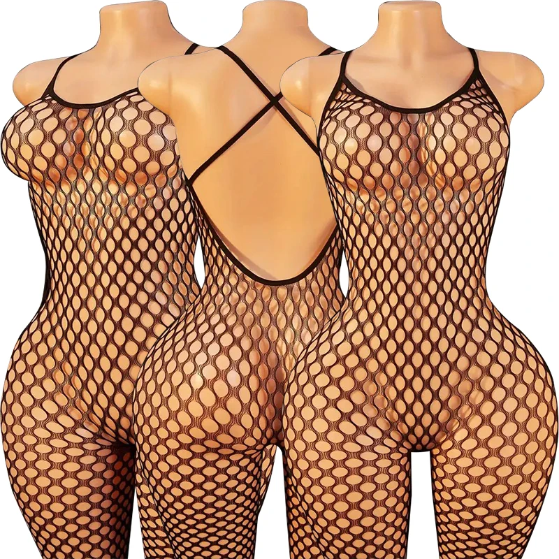 

Sexy Backless Crotchless Jumpsuits For Women Fishnet Hollow Romper Erotic Outfits Hanging Neck Bodycon Jumpsuit Mesh Streetwear