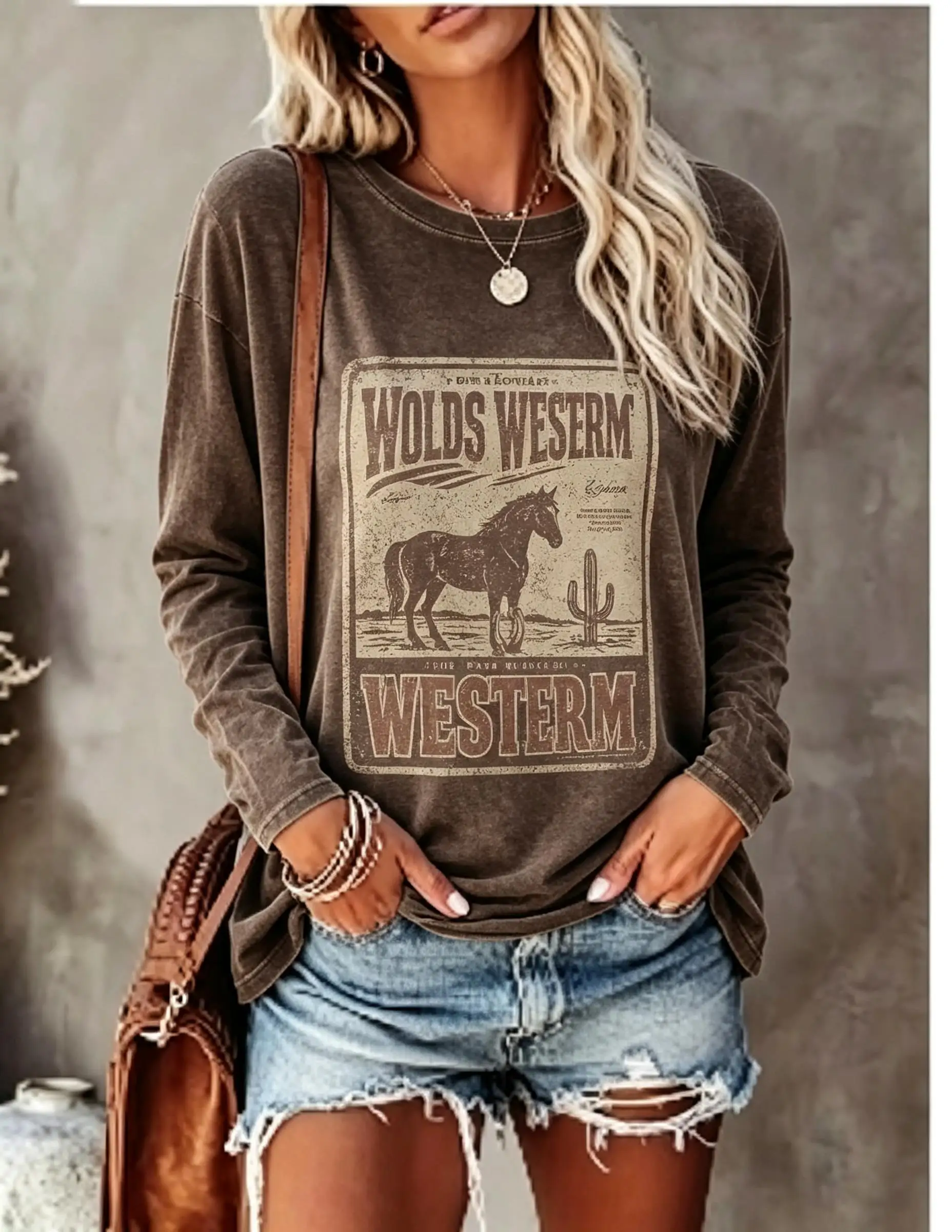 Women Long Sleeve T Shirt Vintage Western Horse Cactus Poster Print Crew Neck Casual Fall Tops