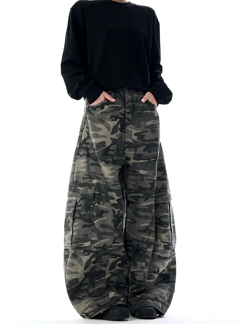 

Retro American Camouflage Wide Leg Workwear Pants Men's Loose Design Sense Faded Knife Jeans Casual Youth Popular Denim Jeans