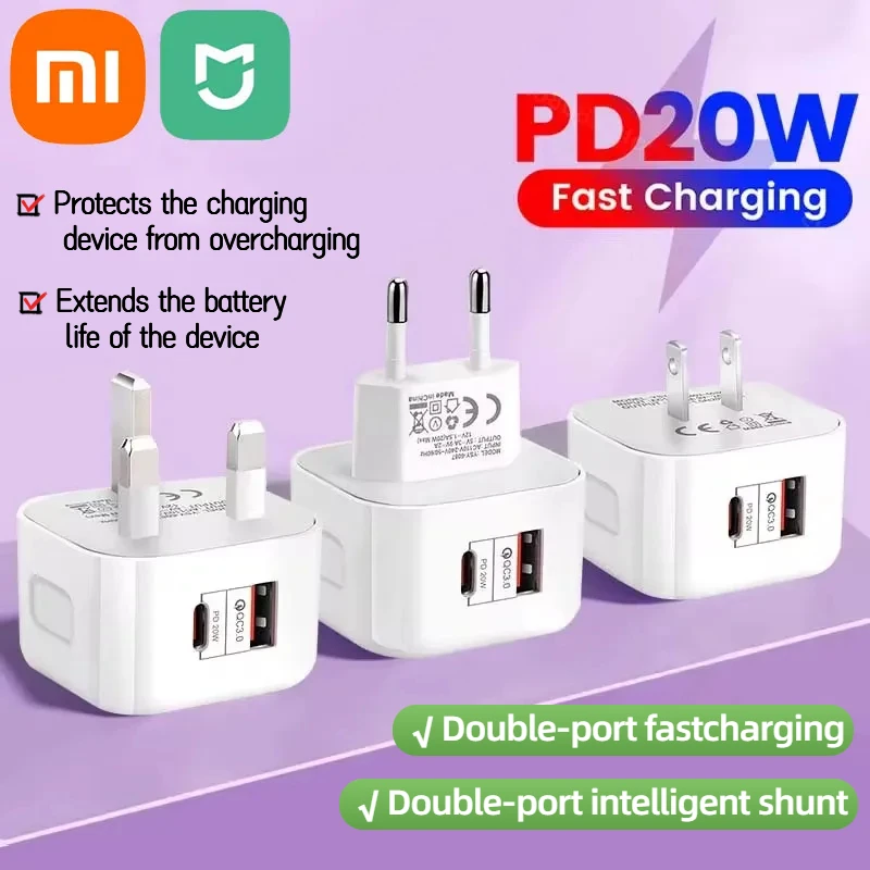 XIAOMI MIJIA PD20W QC 3.0 Smart RC USB Charger Fast Charge Wall Charger For iPhone Samsung Mobile 2 Ports EU US UK Plug Adapter