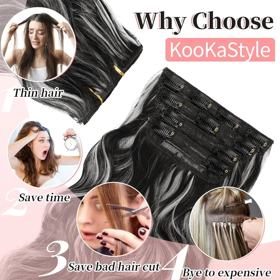 وصلات شعر صناعية طويلة مموجة مع لحمة مزدوجة للنساء 4 قطع شعر سميكة بمظهر طبيعي من الألياف باللونين الأبيض والأسود