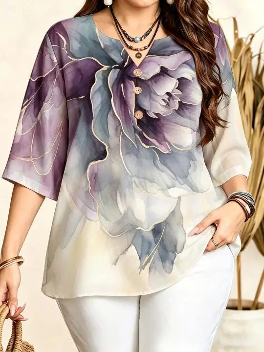 Women Watercolor Big Floral Full Print Blouse Notched Neck 3/4 Sleeve Loose Fit For Curvy Figures Daily Casual Tops