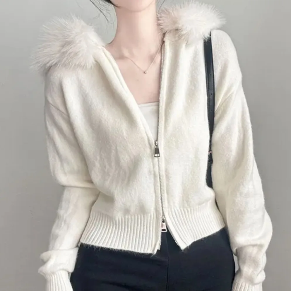 Chic autunno inverno lavorato a maglia lungo Sve cappotto con cerniera con cappuccio da donna Faion coreano Sle taglio dritto top di piccole dimensioni