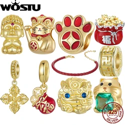 WOSTU 925 Sterling Silver Red Fortune Charms 18K Gold Lucky Pendant Cat Pawprint Beads Original for Women Bracelet New Year Gift