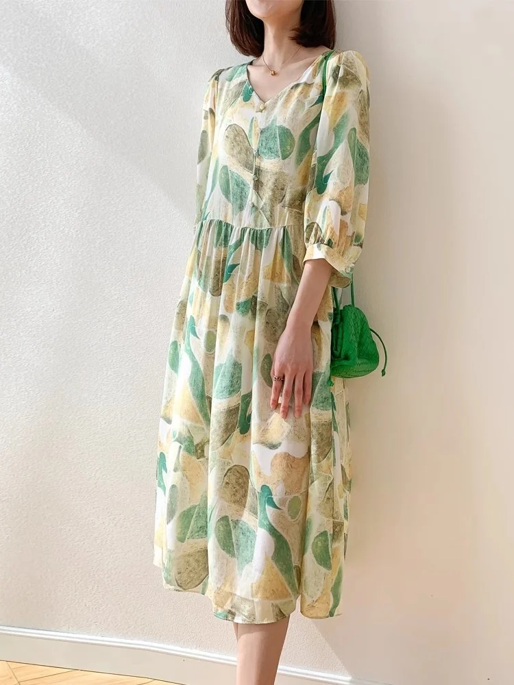 

Elegant Laides New Summer Printed Silk Dress V-Neck Three Quarter Sleeve Casual Fashion A-Line Long es Design Women