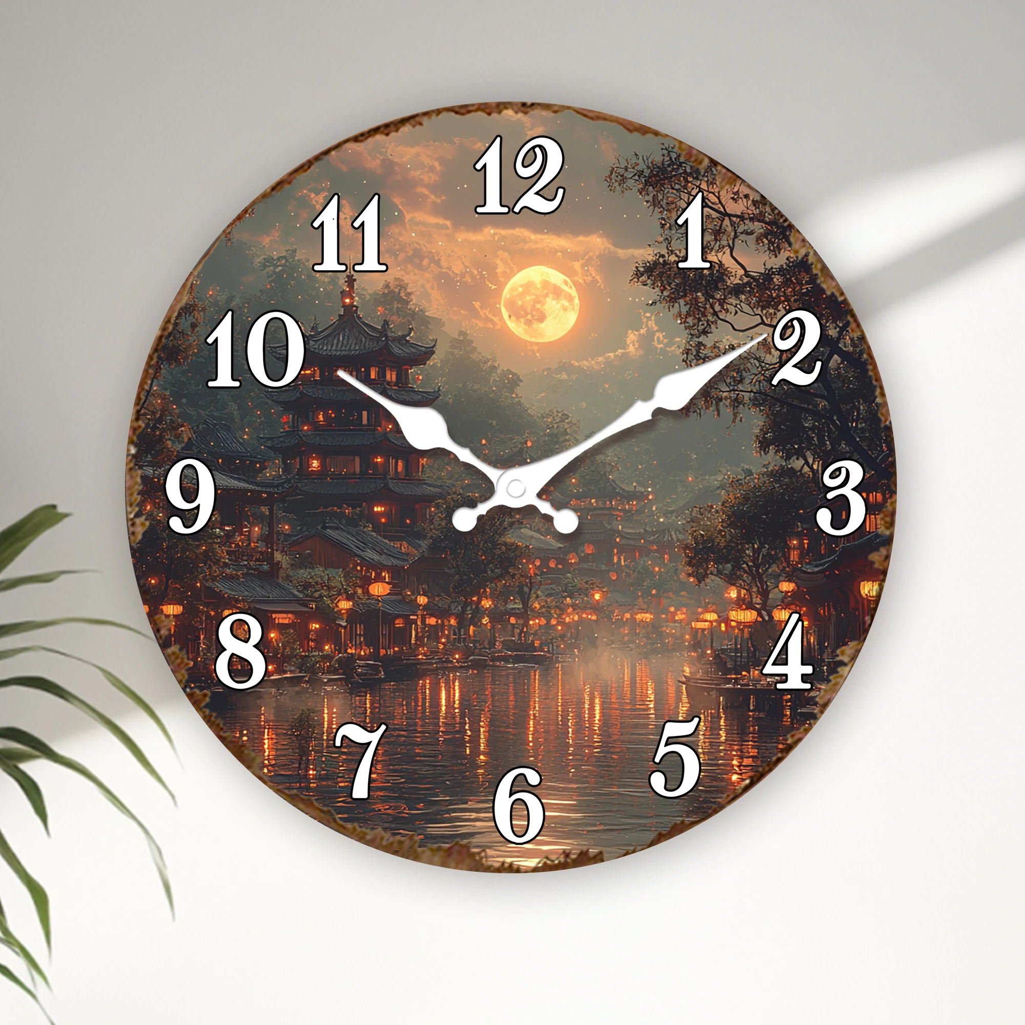 Serene Pagoda Moonlight Wall Clock - Traditional Asian-Inspired Landscape with Full Moon, Tranquil Round Decor Clock for Home