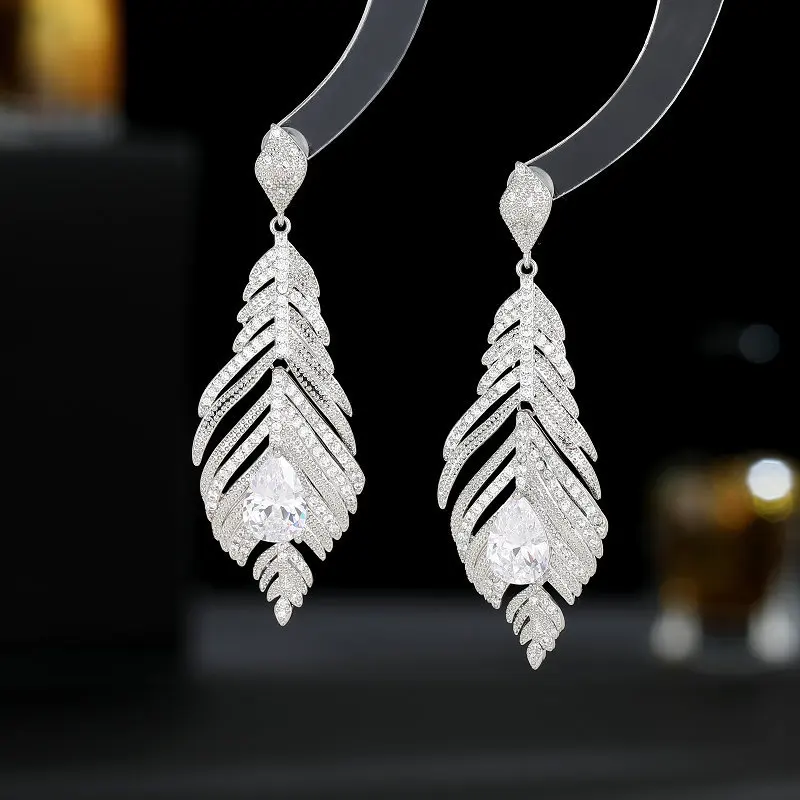 

S925 Silver Needle New High-end Wholesale Elegant Temperament Zircon Inlaid Long Leaf Feather Earrings
