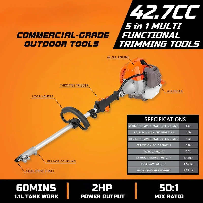 Powerful 42.7cc 5 in 1 Multi Functional Trimming Tools,Gas Hedge Trimmer,Weed Eater,String Trimmer, Brush Cutter