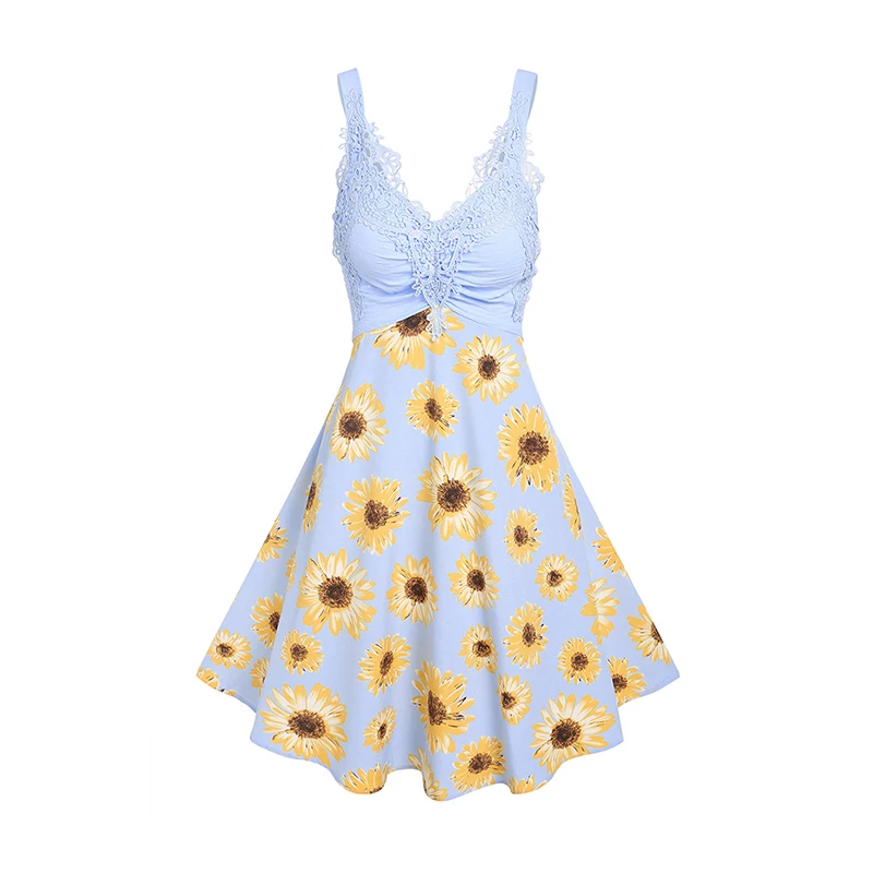 

Fashion Summer Dresses 2024 Guipure Lace Sunflower Print Cami Dress Sleeveless A Line Dress