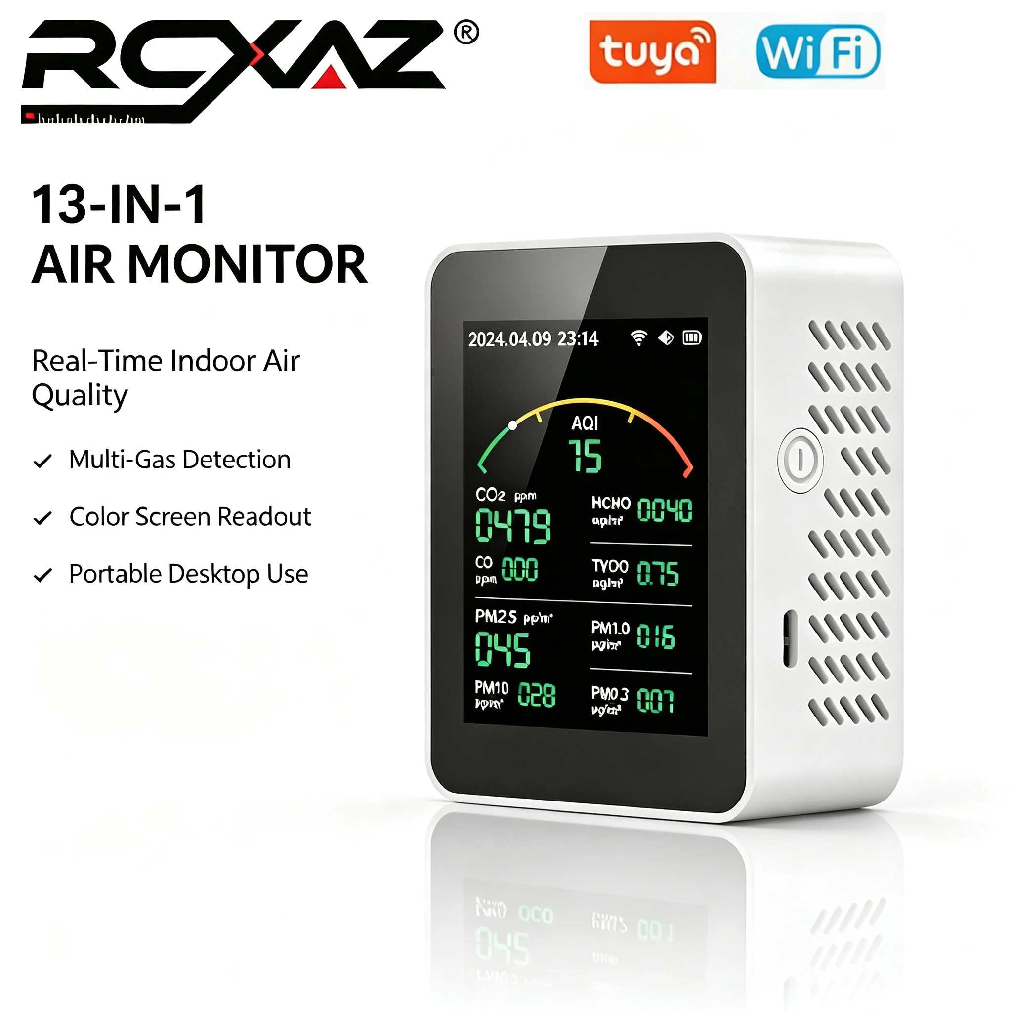 RCXAZ Tuya WiFi 15-in-1 Air Quality Monitor TFT Display Portable AQI CO CO2 HCHO TVOC PM0.3 PM1.0 PM2.5 PM10 Home APP Monitor