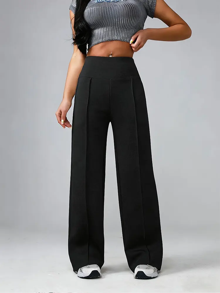 Einfarbige, schmal geschnittene Stretch-Freizeithose mit hoher Taille, schlank machende Yoga-Hose mit weitem Bein, elegante, modische, lässige Baggy-Hose