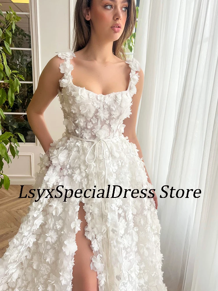 LSYX 2024 Vintage White Flowers Evening Dresses Square Collar Corset Prom Gowns Floor-Length Side Slit Women Vestidos De Noche