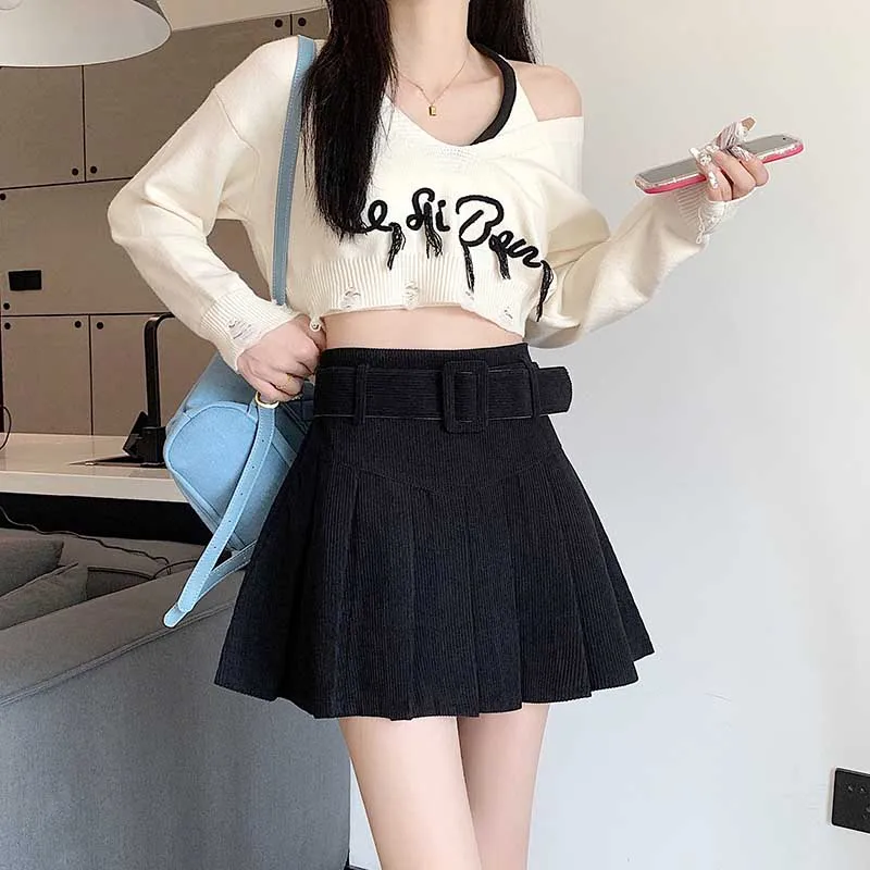 Fashion Zipper Solid Color Sashes Casual Corduroy Mini Skirts Female Clothing 2024 Spring New Loose Korean Pleated Skirts