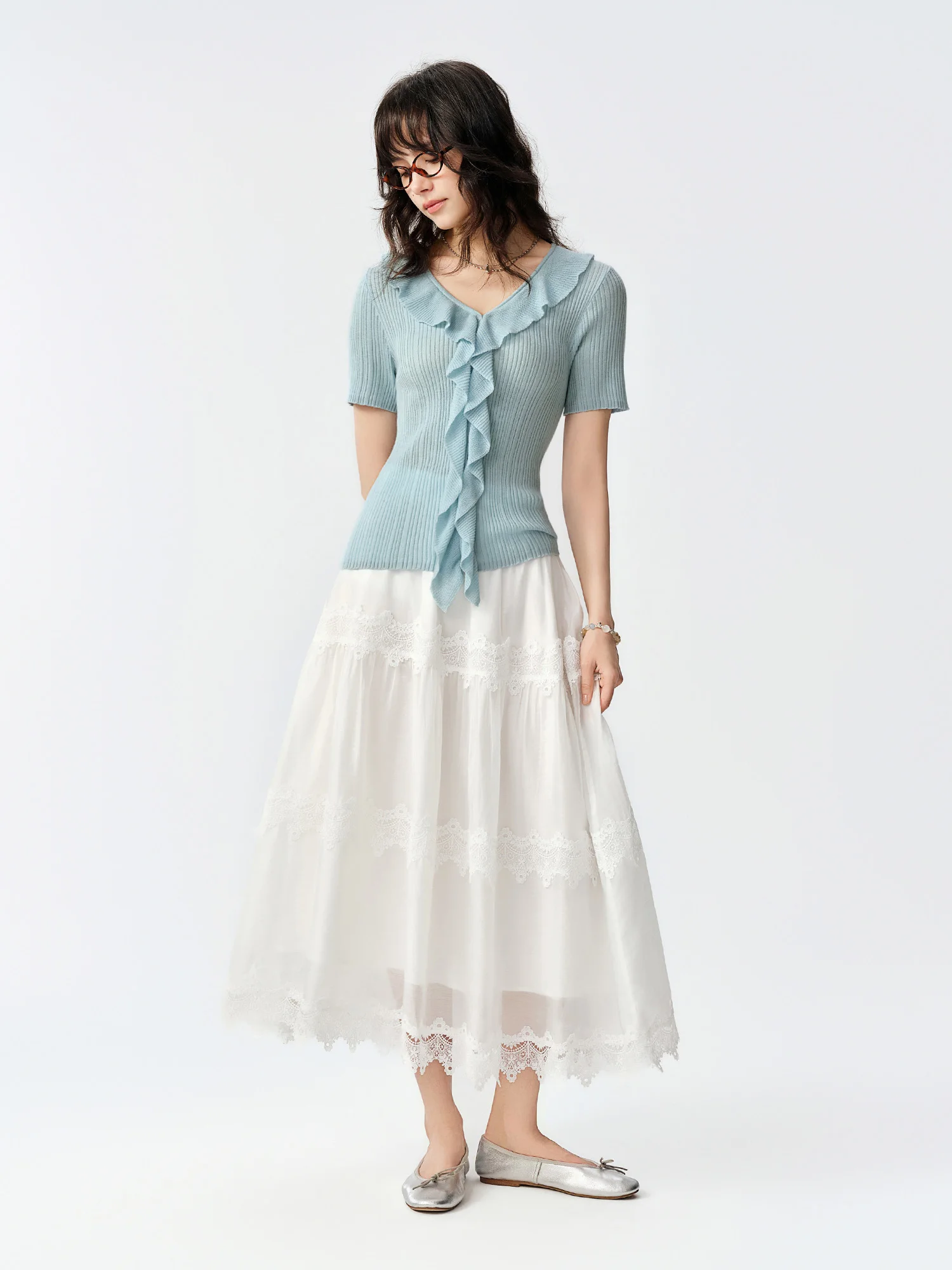 DUSHU White Lace-trimmed Cake Skirt Women New Autumn Mid-calf Loose Fit A-line Skirt Korean Style Elastic Waist Ulzzang BF Ins