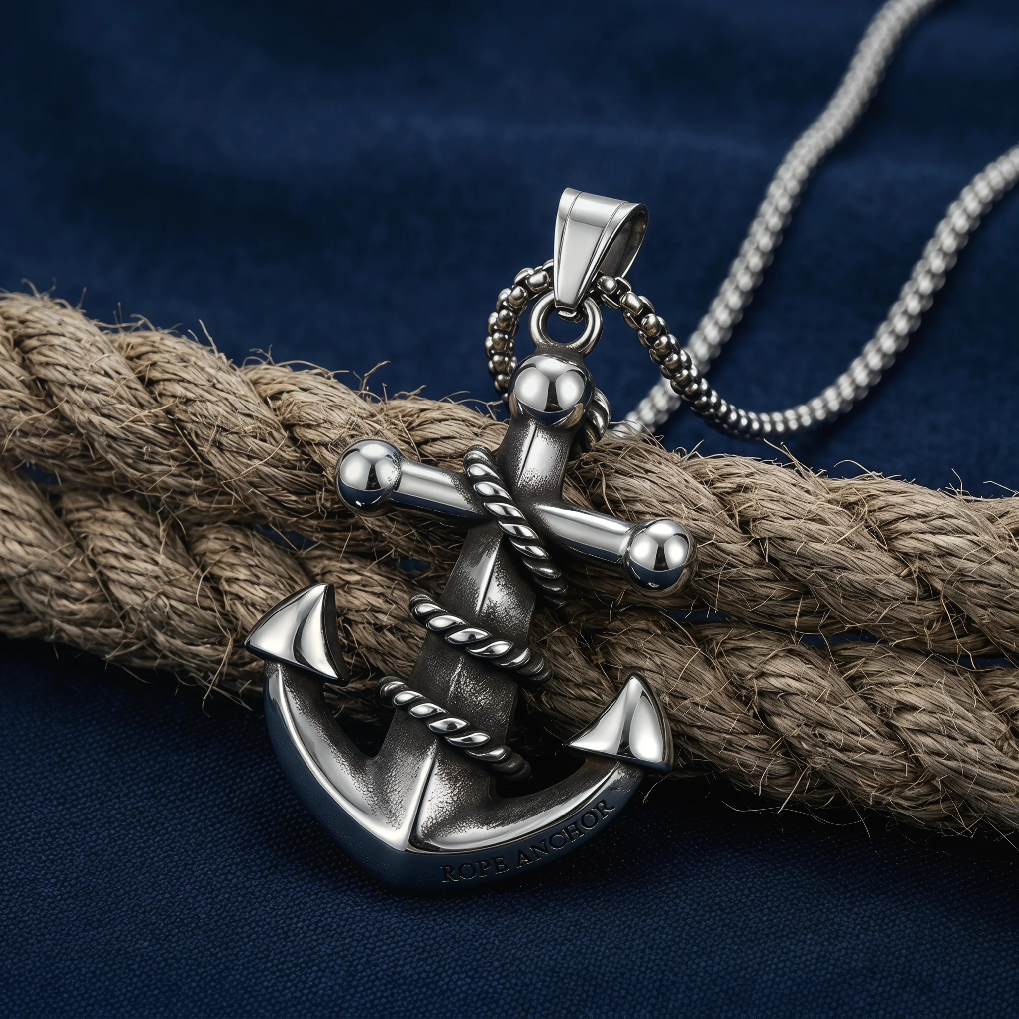 Silvery Stainless Steel Rope Anchor Pendant Necklace Nautical Sailor Vintage Marine Jewelry Gift For Men