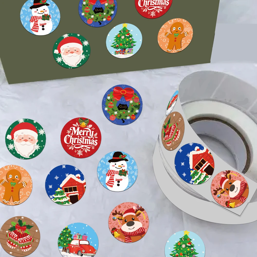 500PCS/Roll Cartoon Colorful Christmas Round Roll Stickers Santa Claus Christmas Tree Snowman Elk Gloves Celebrating Festival